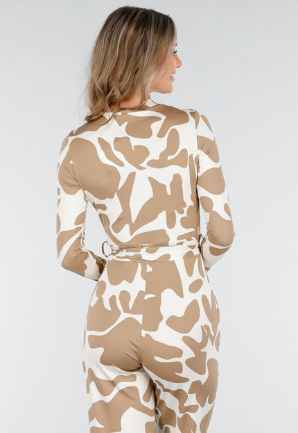 NEW030925 Beige Stretch Vlekkenprint Jumpsuit
