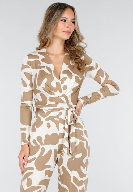 NEW030925 Beige Stretch Vlekkenprint Jumpsuit