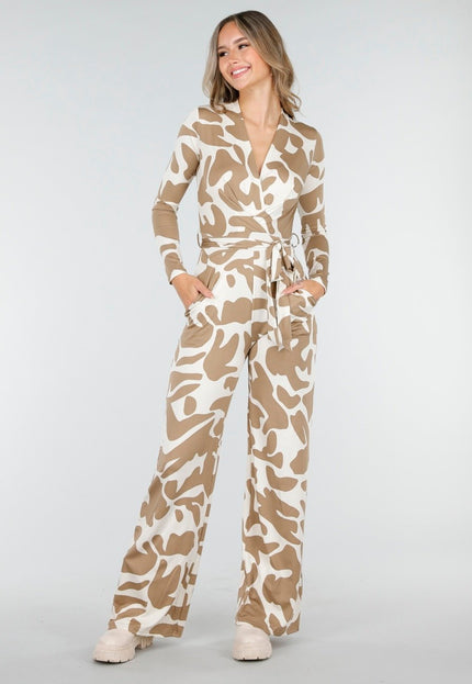 NEW030925 Beige Stretch Vlekkenprint Jumpsuit