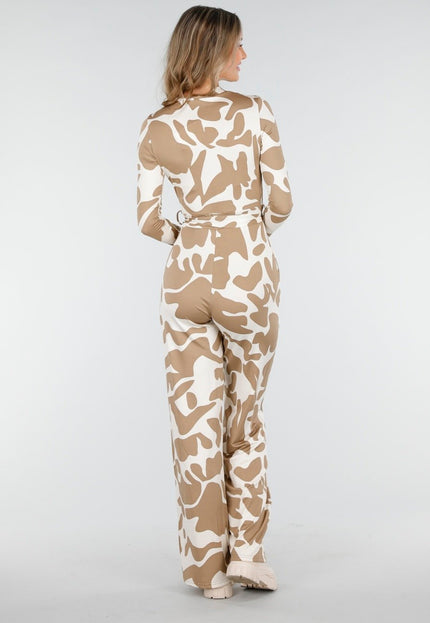 NEW030925 Beige Stretch Vlekkenprint Jumpsuit