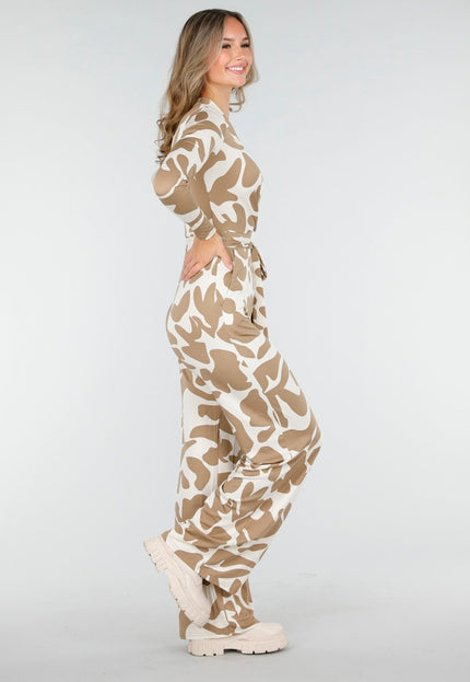 NEW030925 Beige Stretch Vlekkenprint Jumpsuit
