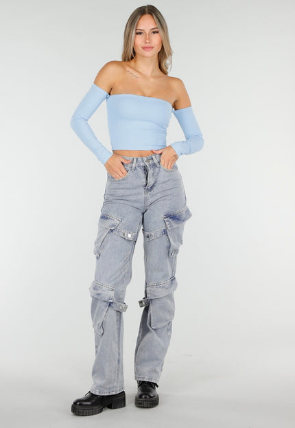 NEW030925 Blauwe Off Shoulder Top