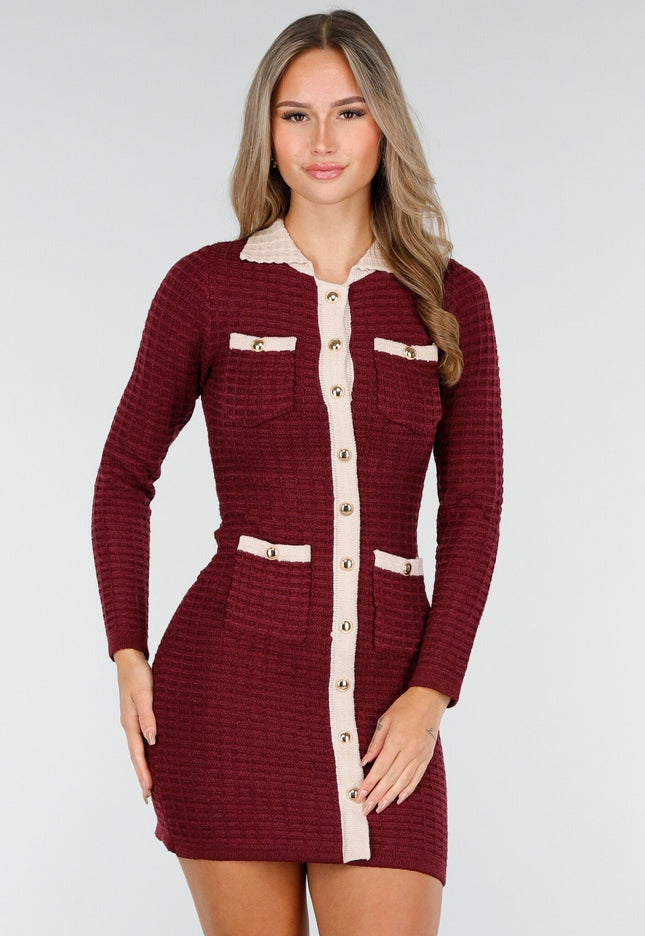 NEW030925 Rode Stretch Jurk met Beige Accenten