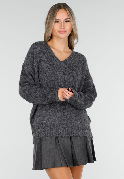 NEW030925 Donkergrijze Stretch Trui met V-Hals