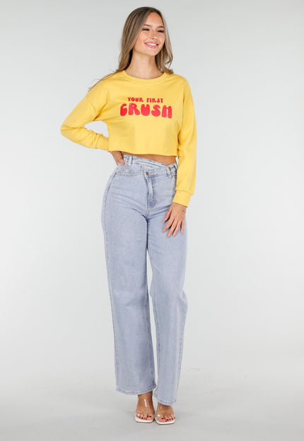 OP=OP.AV.09 Gele Crop Top met Tekstprint