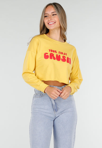 OP=OP.AV.09 Gele Crop Top met Tekstprint