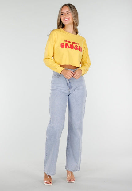 OP=OP.AV.09 Gele Crop Top met Tekstprint