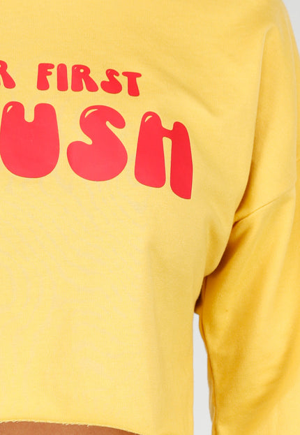 OP=OP.AV.09 Gele Crop Top met Tekstprint