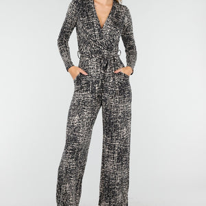 NEW030925 Jumpsuit Zwart Beige Print