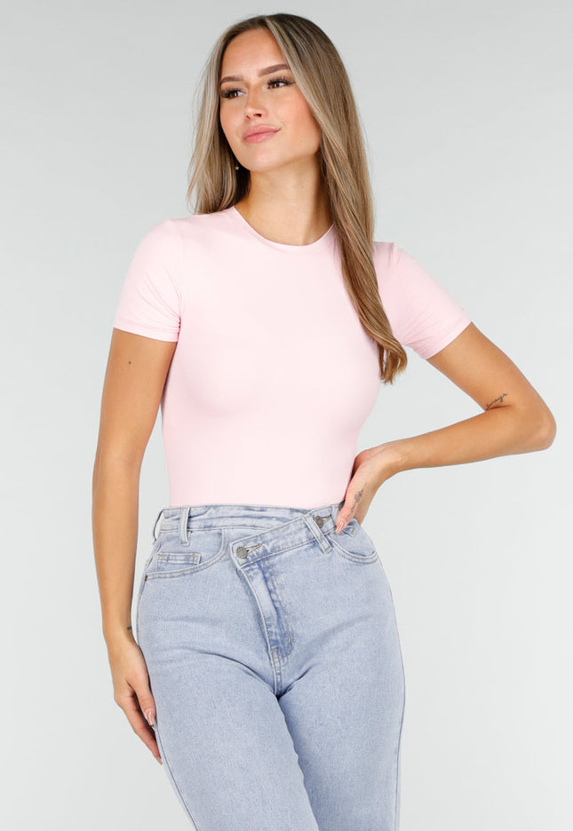 NEW030925 Roze Stretch Bodysuit Korte Mouw