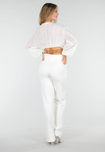 NEW030925 Witte Crop Blouse met Riem