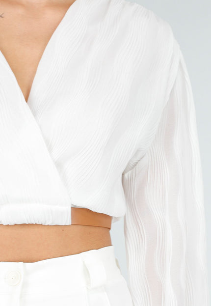 NEW030925 Witte Crop Blouse met Riem