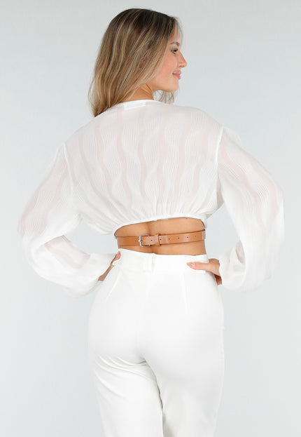 NEW030925 Witte Crop Blouse met Riem