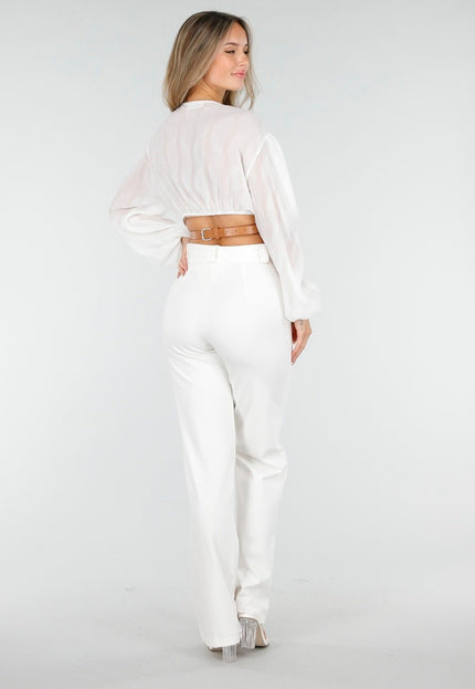 NEW030925 Witte Crop Blouse met Riem