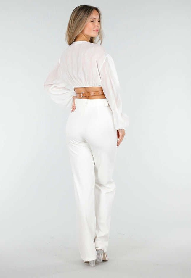 NEW030925 Witte Crop Blouse met Riem