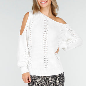NEW030925 Witte Off Shoulder Stretch Trui