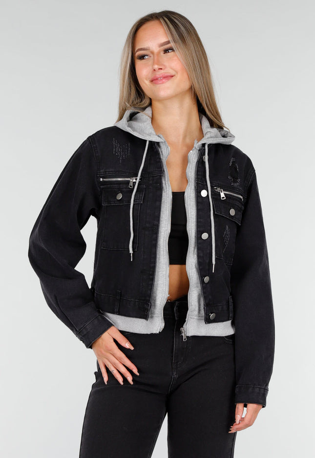 OP=OP.AV.09 Zwarte Spijkerjas met Capuchon