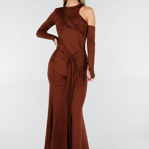 NEW031225 Bruine Asymmetrische Maxi Jurk