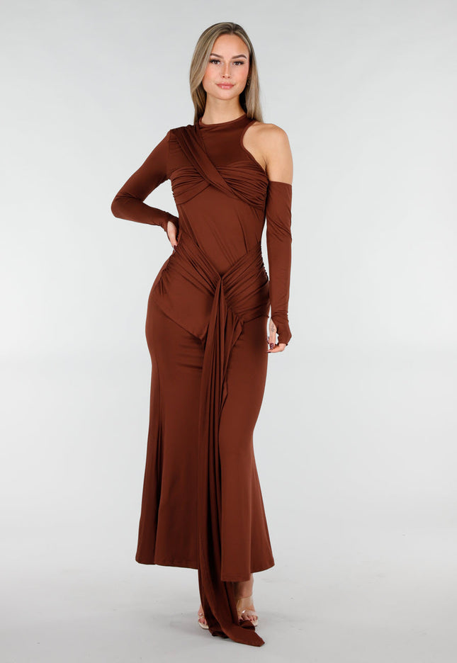 NEW031225 Bruine Asymmetrische Maxi Jurk