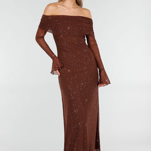 Bruine Off Shoulder Glitter Stretch Jurk