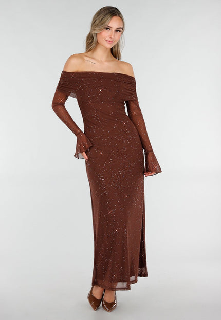 Bruine Off Shoulder Glitter Stretch Jurk