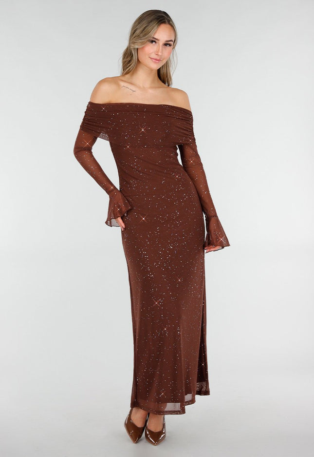 Bruine Off Shoulder Glitter Stretch Jurk