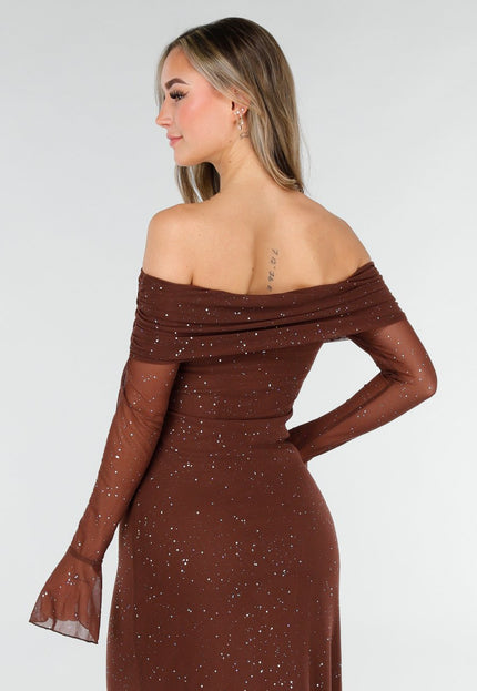 Bruine Off Shoulder Glitter Stretch Jurk