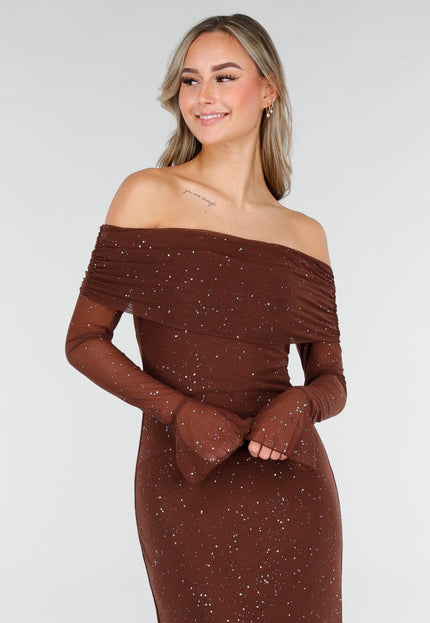 Bruine Off Shoulder Glitter Stretch Jurk