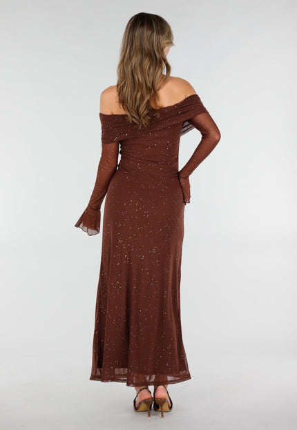 Bruine Off Shoulder Glitter Stretch Jurk