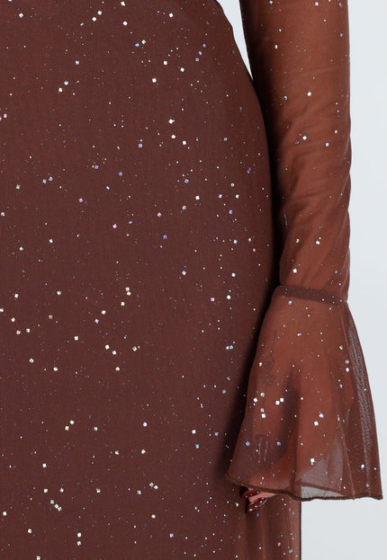 Bruine Off Shoulder Glitter Stretch Jurk