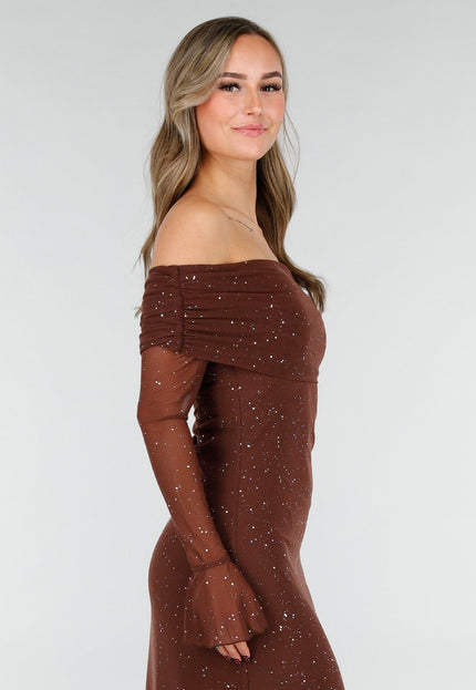 Bruine Off Shoulder Glitter Stretch Jurk