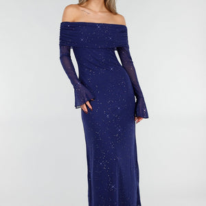 Navy Off Shoulder Glitter Jurk