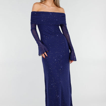 Navy Off Shoulder Glitter Jurk