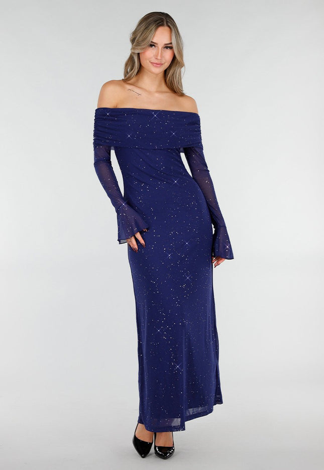 Navy Off Shoulder Glitter Jurk