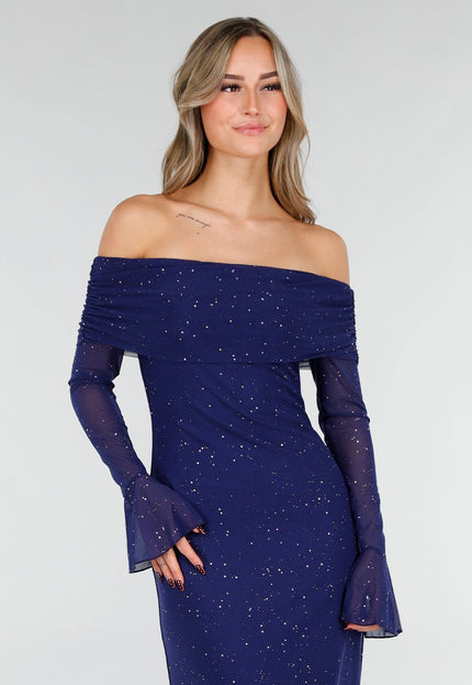 Navy Off Shoulder Glitter Jurk