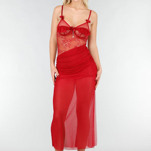 NEW031225 Rode Mesh Lingerie Jurk met Kant