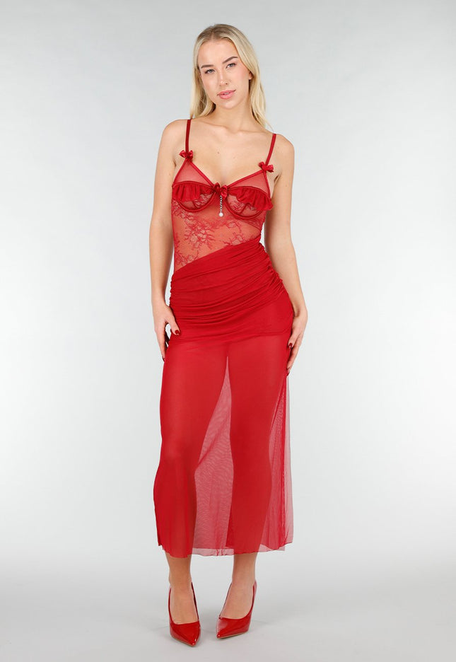 NEW031225 Rode Mesh Lingerie Jurk met Kant