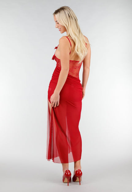 NEW031225 Rode Mesh Lingerie Jurk met Kant