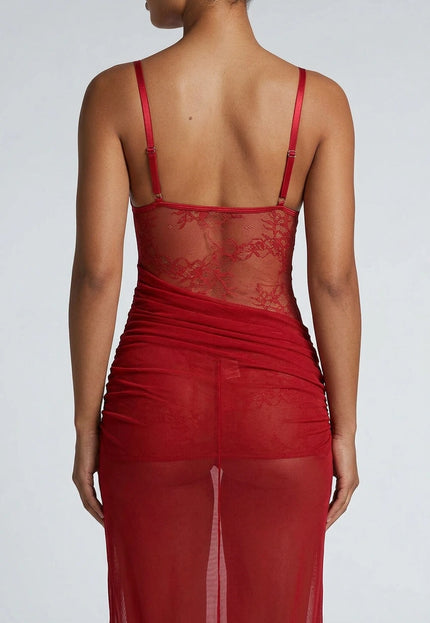 NEW031225 Rode Mesh Lingerie Jurk met Kant
