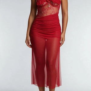 NEW031225 Rode Mesh Lingerie Jurk met Kant