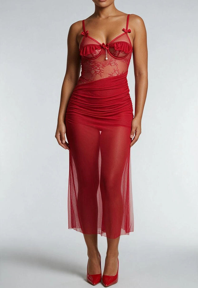 NEW031225 Rode Mesh Lingerie Jurk met Kant