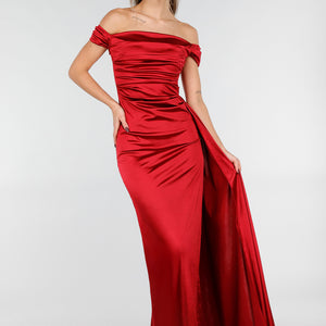 NEW031225 Rode Off Shoulder Maxi Jurk