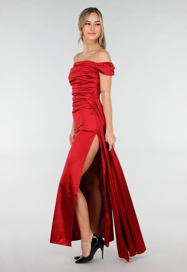 NEW031225 Rode Off Shoulder Maxi Jurk