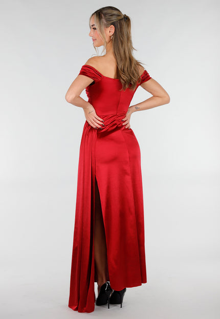 NEW031225 Rode Off Shoulder Maxi Jurk