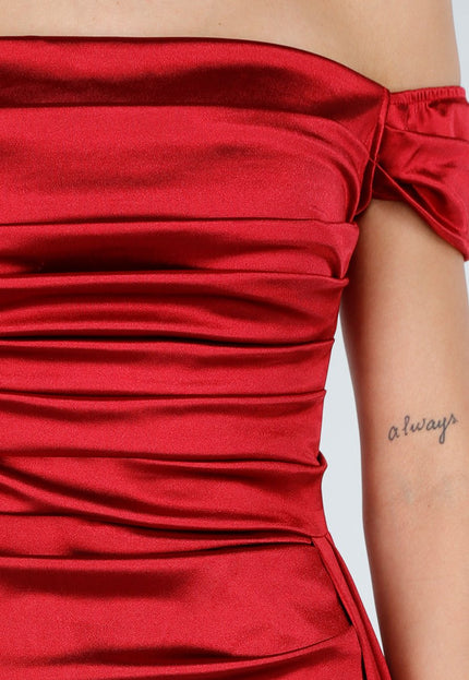 NEW031225 Rode Off Shoulder Maxi Jurk