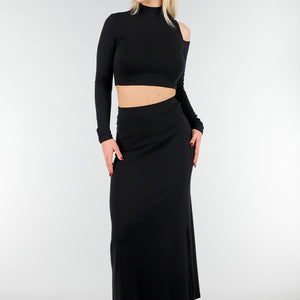 NEW031225 Zwarte Cold Shoulder Two Piece Stretch Set