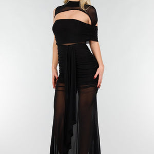 NEW031225 Zwarte Mesh Maxi Jurk met Cut-Out