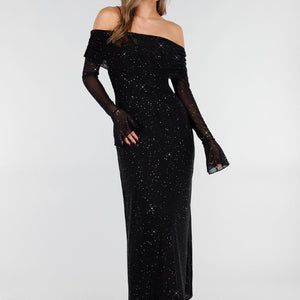 Zwarte Off Shoulder Glitter Stretch Jurk