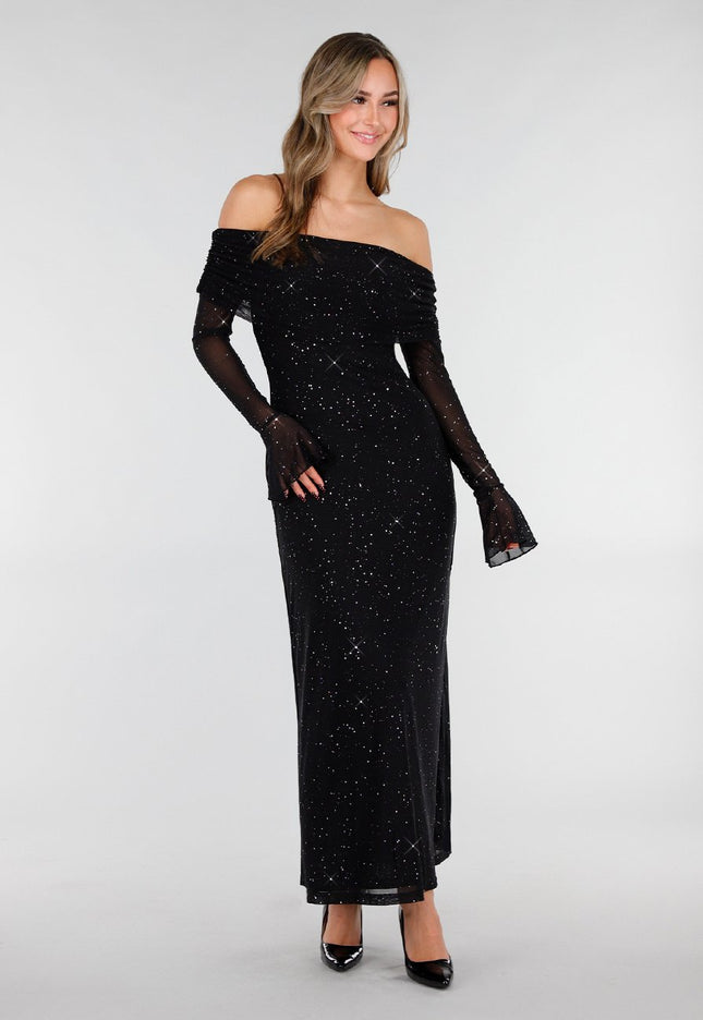 Zwarte Off Shoulder Glitter Stretch Jurk