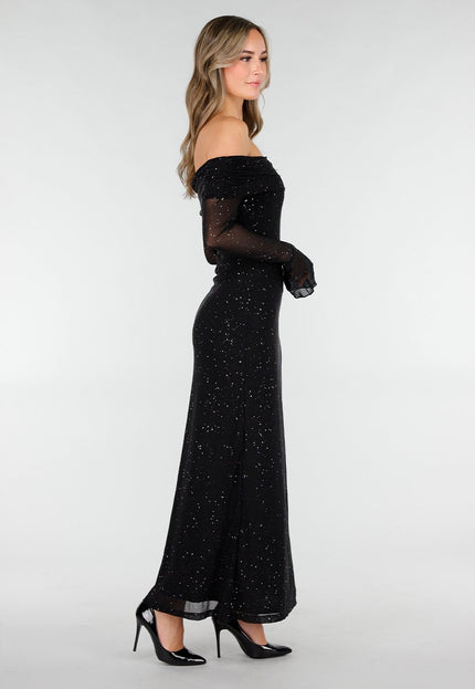 Zwarte Off Shoulder Glitter Stretch Jurk